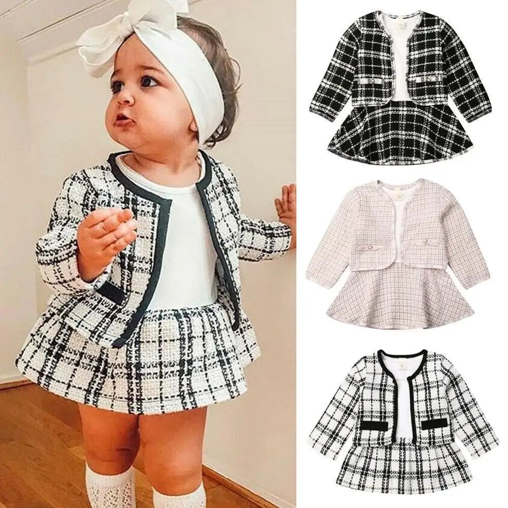 

Children's Clothing Set 2Pcs Dress Suit Kids Autumn Winter Party Toddler Baby Girl Fashion Pageant Plaid Coat Dress Outfits