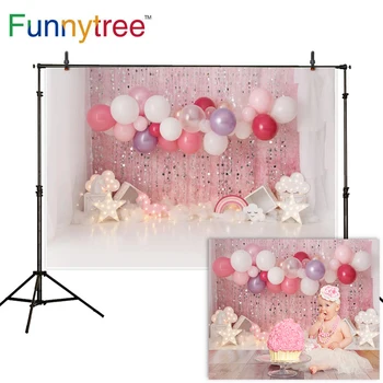 

Funnytree Smash Cake One Year First Birthday Party Photography Backdrop Indoor Decor Pink Balloons Light Background Photo Studio