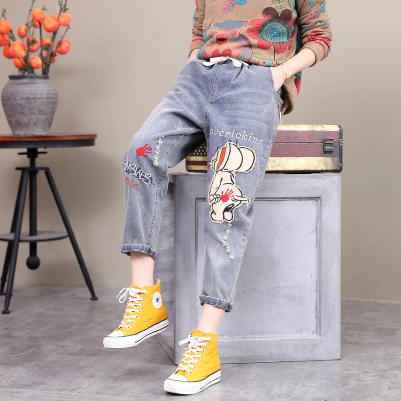 

Sen Female Department College Wind Wild Do Old Patch Cartoon Elephant Embroidery Hole Cowboy Nine Points Pants Harem Pants