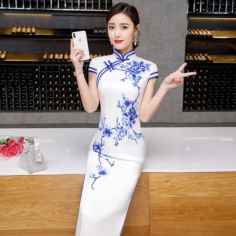 Sheng Coco Окрашенные Шелковые платья белые синие длинные Qipao шелковые дизайнерское Ципао платье Плюс Размер Женская одежда рыбий хвост вечернее