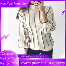 

Turtleneck Knitted Sweater Women Elegant OL Clothes White Striped Pullovers Loose Female High Neck Tops Causal Jumper Pull 2020
