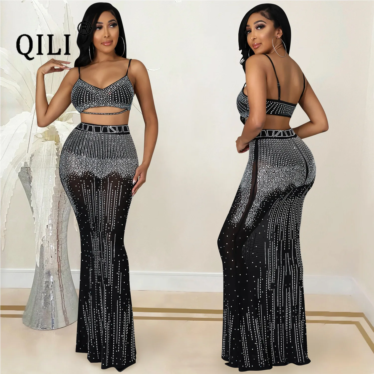 

QILI-Women's Diamonds Mermaid Dress, Sleeveless, Backless, Sexy Rhinestone Dresses, Evening Party, Club, Long, 2 Piece Set
