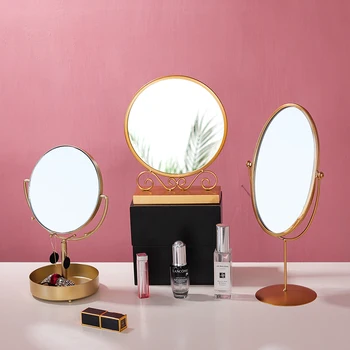 

Golden Round Mirror Portable Wrought Iron Single-Sided Table Make-up Mirror Home Beauty Dressing Desk Decoration Framed Mirrors