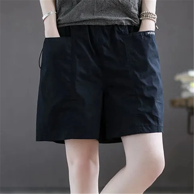 Summer 2021 New Cotton Elastic Waist Shorts Women's Loose Thin Wide Leg Pants High Waist Black Big Pocket Sports Pants Female