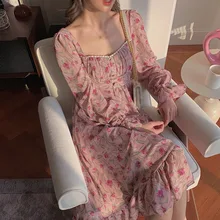 

2021 Fall Women Vestido Sweet Cottagecore Floral Printed High Waist Long Dress Female Square Collar Long Sleeve Buttons Dresses