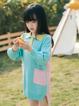 

KC.Child 2020SS Latest Girls Tri-Color Stitched Knit Irregular Comfortable Sweet Style Sweater Dress Baby Girls Dress Age 2-15Y