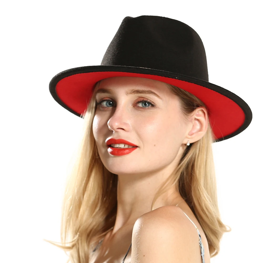 Женская шерстяная шляпа Fedora для элегантной леди осенние шляпы Трилби широкий джазования с полями церковные чародейные Шляпы размер 56-58 см - Цвет: Black red
