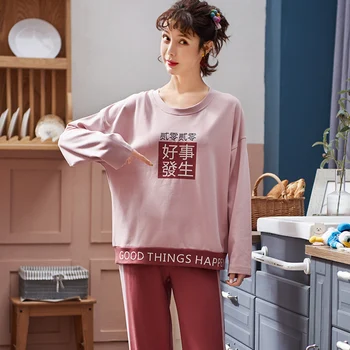 

Chinese Style Text Pattern Autumn Pajamas Set Women Cotton Pyjamas Wedding Celebration Female Pajama Set Long Sleeve Homewear