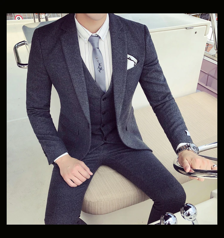 Мужской деловой костюм, официальный смокинг, мужские костюмы, Casacas Hombre Azul Terno Preto, облегающие Серые Ретро костюмы в клетку для мужчин