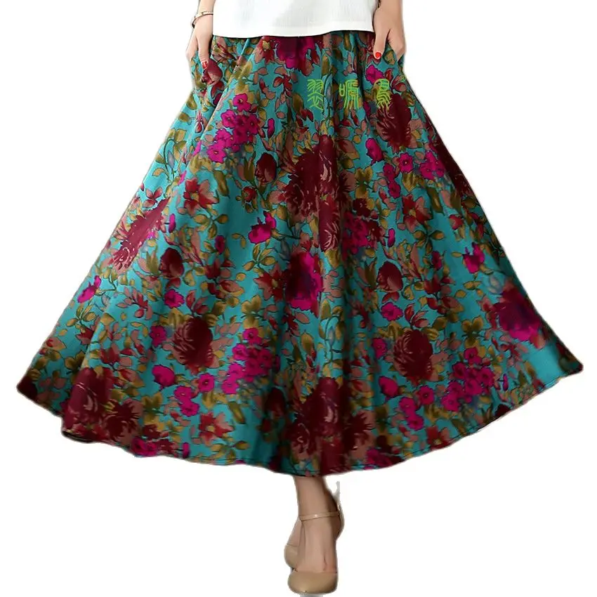 Long Flowing Thick Cotton Multicolor Print Skirts Bohemia Style Ethnic