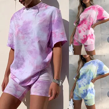 

Tie Dye Print Gradient Women's Set Short Sleeve O-neck Tee Tops+ Shorts suit two piece set Sporty tracksuit Elastic outfits#g2