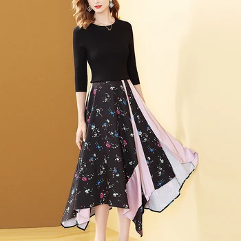 

Gedivoen 2020 Spring Autumn Fashion Designer Long Dress Women 3/4 Sleeve Patchwork Print Asymmetrical Party Dresses Vestidos