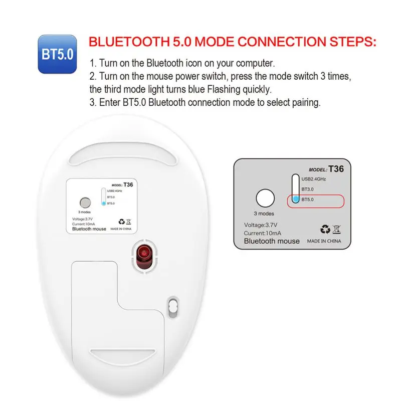 3 режима беспроводная мышь Bluetooth 5,0 2,4G 1600 dpi Бесшумная игровая мышь Встроенная перезаряжаемая батарея 500mAh