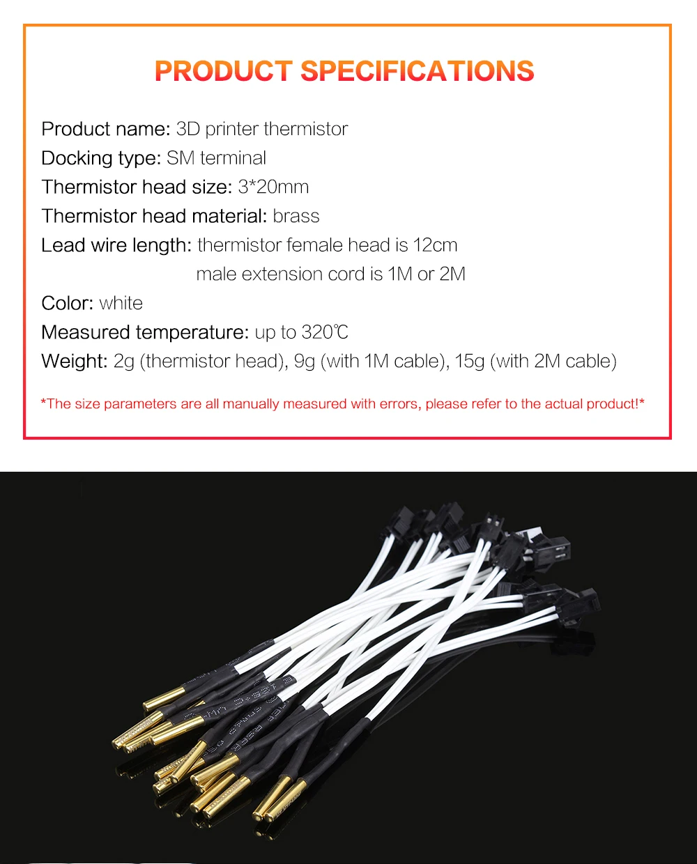 XCR 3D Printer Parts HT-NTC100K B3950 Thermistor Cartridge Sensor with SM Plug Kit High Temperature for PT100 Hotend 1M/2M Cable timing belt