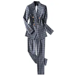 Женские костюмы, Новый Модный деловой костюм, клетчатый костюм с длинными рукавами в британском стиле, комплект из 2 предметов, женские