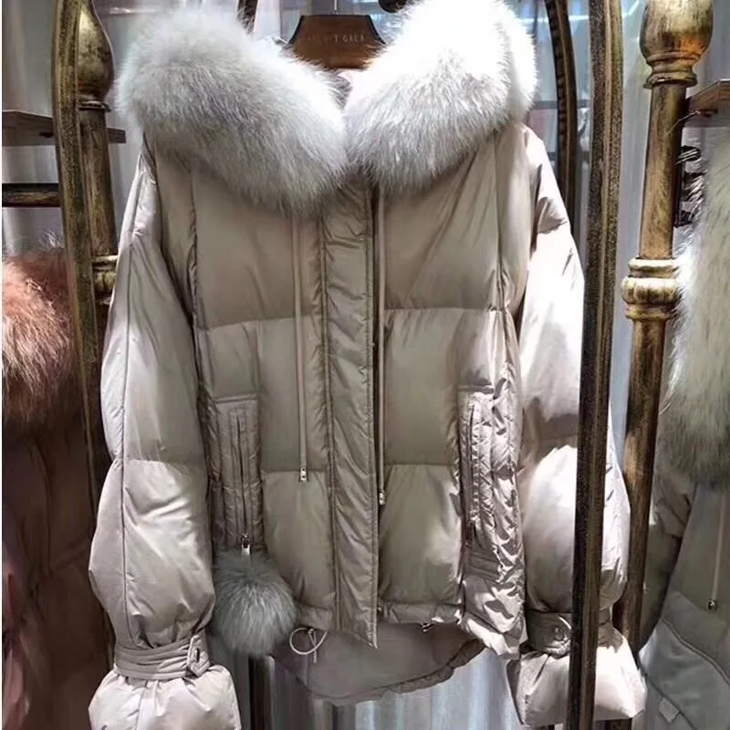 Manufacturers off Season Closeout Fashion Korean-style Buttons-White Duck down Jacket WOMEN'S Shorts Fox Fur Thick Coat Fashion