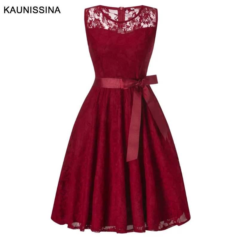 Wine Red KAUNISSINA кружевные коктейльные платья без рукавов трапециевидной формы с бантом элегантные вечерние платья для девушек однотонные платья для выпускного вечера Vestidos - Цвет: Wine Red