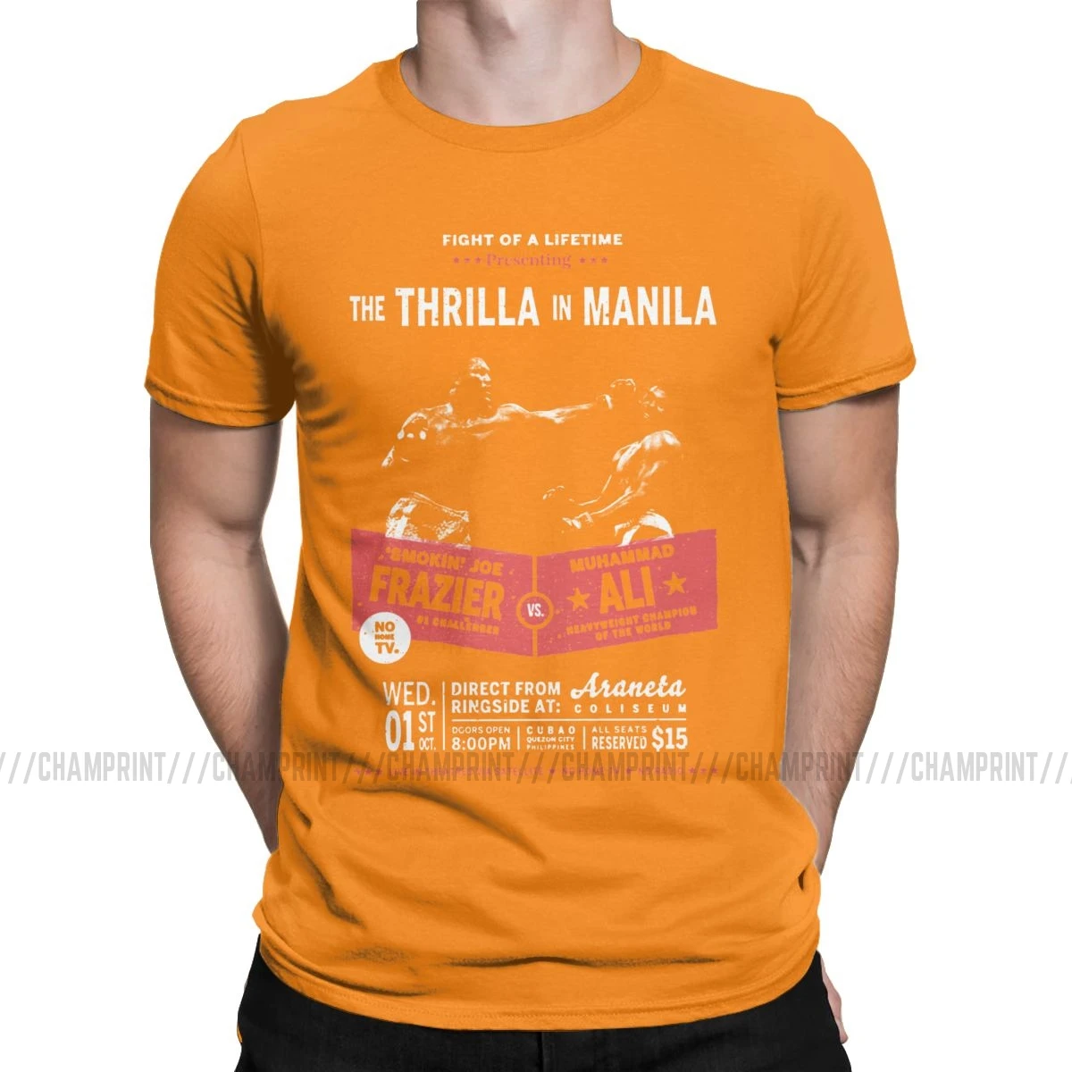 Ali Vs Frazier Thrilla In Manila футболка для мужчин боксер Спортивная Тяжелая винтажная хлопковая футболка футболки с коротким рукавом вечерние топы - Цвет: Оранжевый