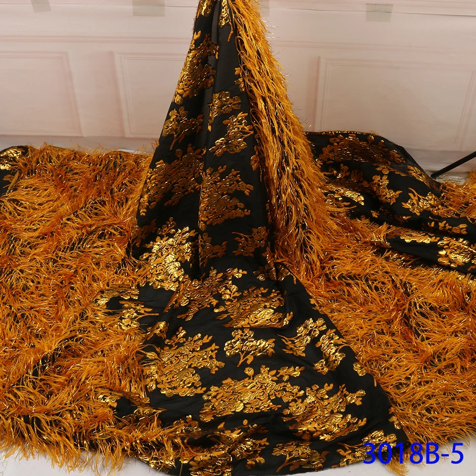 2020 Latest New Arrivals Africa Nigerian French Ankara Jacquard Brocade Tulle Mesh Brode Lace Fabric with Feather for Wedding