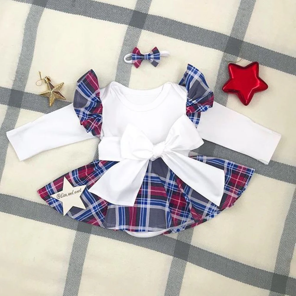 Коллекция года, весенне-осенняя одежда для малышей Рождественская Одежда для новорожденных девочек ползунки в клеточку с длинными рукавами-крылышками рождественские мини-платья