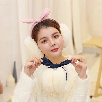 

Rabbit Ears Suede Faux Fur Bow Earmuffs Winter Warm Comfortable Folding Soft Plush Ear Cover Women Girls ear muffs