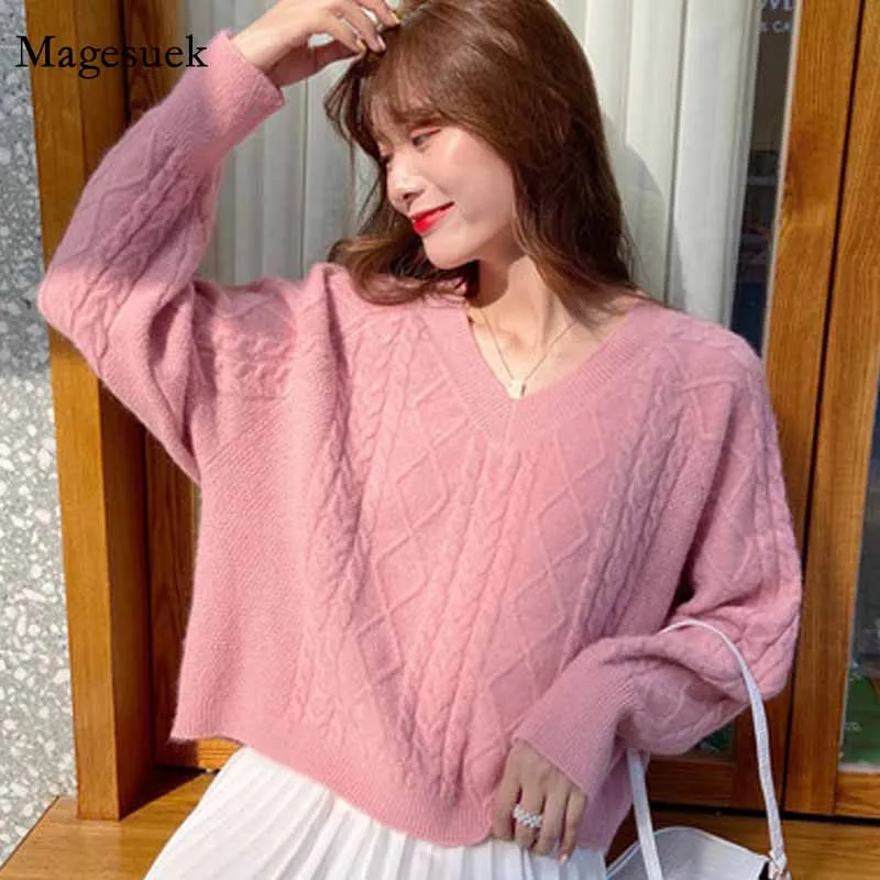 

Loose Pullover Autumn and Winter V-neck Elegant Sweaters New Knitted Jumper Solid Twist Diamond Sweet Sweaters for Women 11638