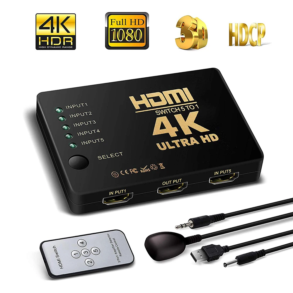 Anzai Fra Afskedige HDMI Splitter Cable 4K HD 1080P 5into Port Mini Switcher With IR Remote  Controller Selector For HDTV DVD TV XBOX PS3/4 Z2 LAPTOP