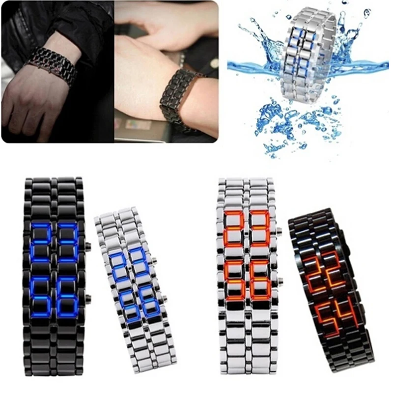 Fashion Black Full Metal Digital Lava Wrist Watch Iron Metal Red LED  For Men Boy Sport Simple Wathes