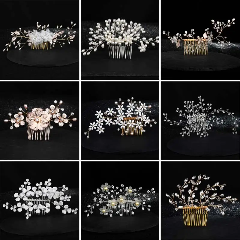 

Filigree Hair Combs With Glass Beads Silver/Gold Simulated-Pearl Crystal Wedding Tiara Combs For Bride Hair Decorations
