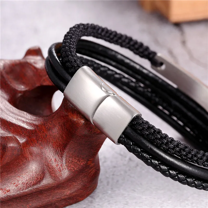 Multi Layer Braided rope Leather Bracelets for Men Women ID Brand Stainless Steel Bar Bangles Casual Personalized Pulseira Gifts