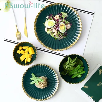 

Vintage Dark Green Chrysanthemum Ceramic Dish Emerald Gilt Plates Fruit Plate Salad Bowl Soup Bowl Ceramic Plate For Tableware