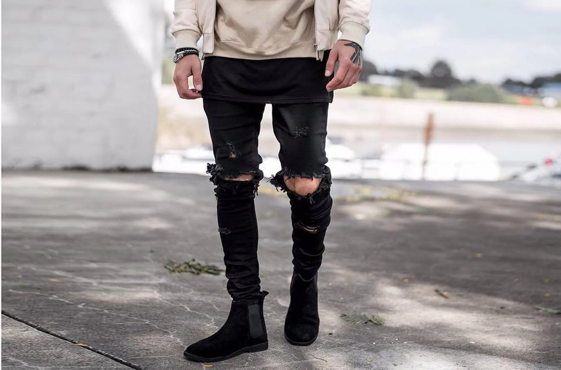 

2019 New Style Men Knee Damage Knife Valgus Large with Holes Slim Fit Thin-Elasticity Jeans
