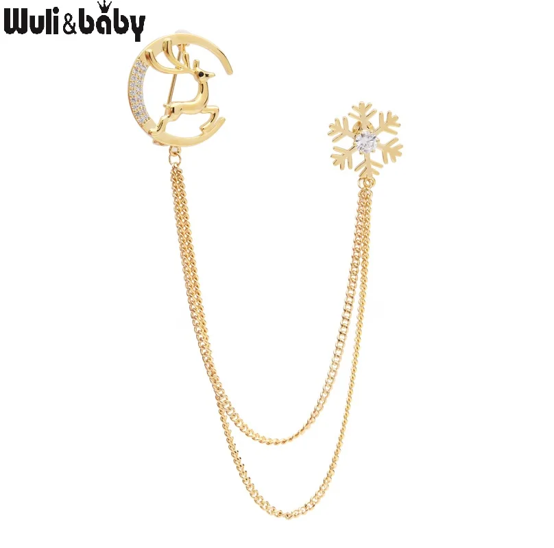 Wuli&baby Deer Elk Snowflake Tassel Brooches Gold Silver Color Czech Rhinestone Animal Collar Pins Christmas Gifts