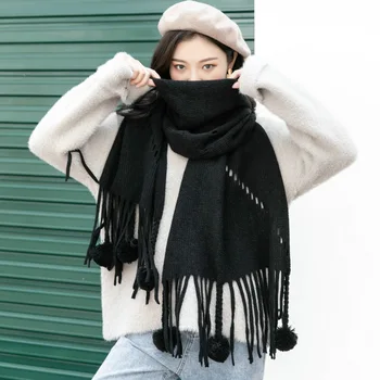 

Autumn Winter New Style Cashmere Fashion All-match Scarf Women Monochrome Warmth Shawl Hanging Ball Tassel Comfortable Bib B51