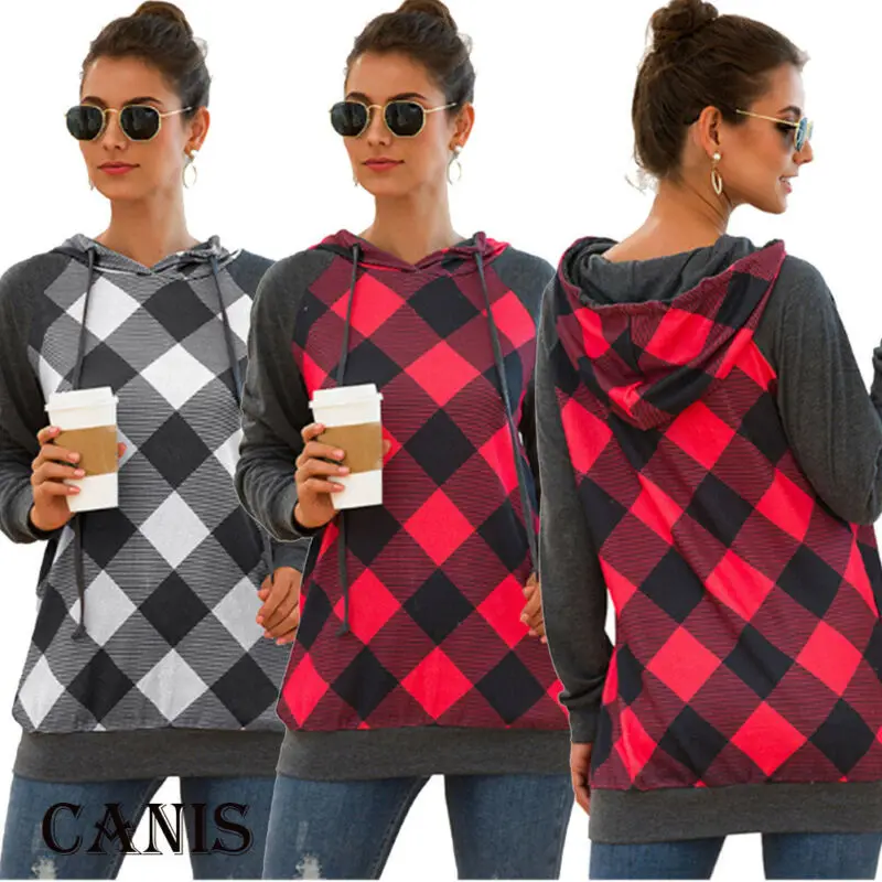 

2019 Autumn New Plaid Womens Sweatshirts Long Sleeve Hoodies Sweatshirt Winter Hooded Pullover Jumper Tops