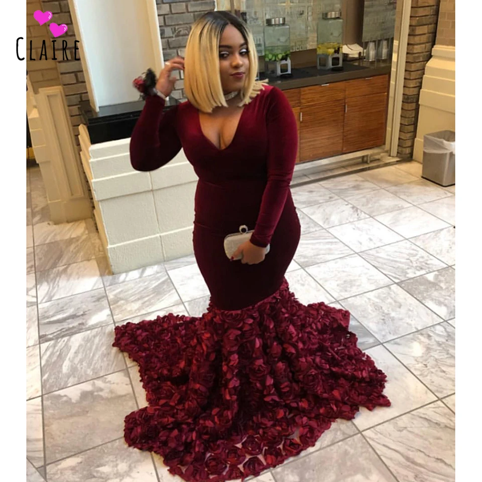 

2019 Velvet Plus Size Prom Dresses V Neck Long Sleeves Mermaid Evening Dress 3D Flowers Sweep Train Formal Dress Burgundy CP147