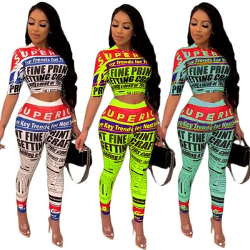 

2019 women set funny letter newspaper print short sleeve o-neck tee pencil pants suit two piece set sporty tracksuit outfit