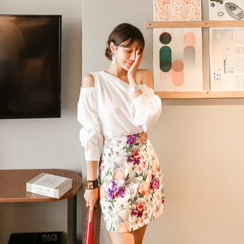 

COIGARSAM Sexy Print blouse women Summer High Waist Hollow Out blusas womens tops and blouses White 2621