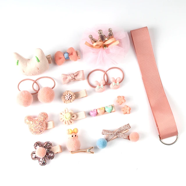 18 Pcs hair clip set Cute Hair Accessories Girl cartoon hair clip headwear Bow Flower animal Hairpin hair ring Elastic Headdress Style-E