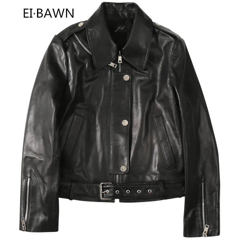 2019 Новые Женские Куртки Из Натуральной Кожи Овчины Зимние Черные Мото И Байкер