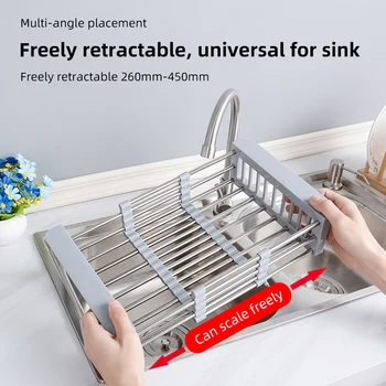 

Adjustable Sink Drain Rack Retractable Stainless Steel Kitchen Storage Basket Drain Holder Vegetable Fruit Drainer Organizer