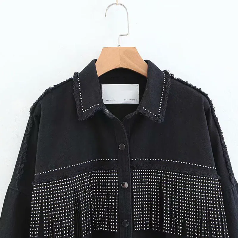 Черная джинсовая рубашка с бахромой и шипами, стильная женская куртка, простая Осенняя Новая женская куртка с длинными рукавами и отворотом большого размера