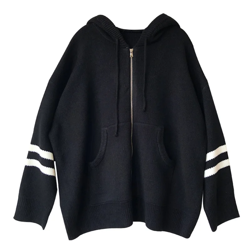 Woherb Harajuku Knitted Cardigan Women Korean Style Modis Striped Print Hooded Sweater Coat Girls Casual Runway Sweaters