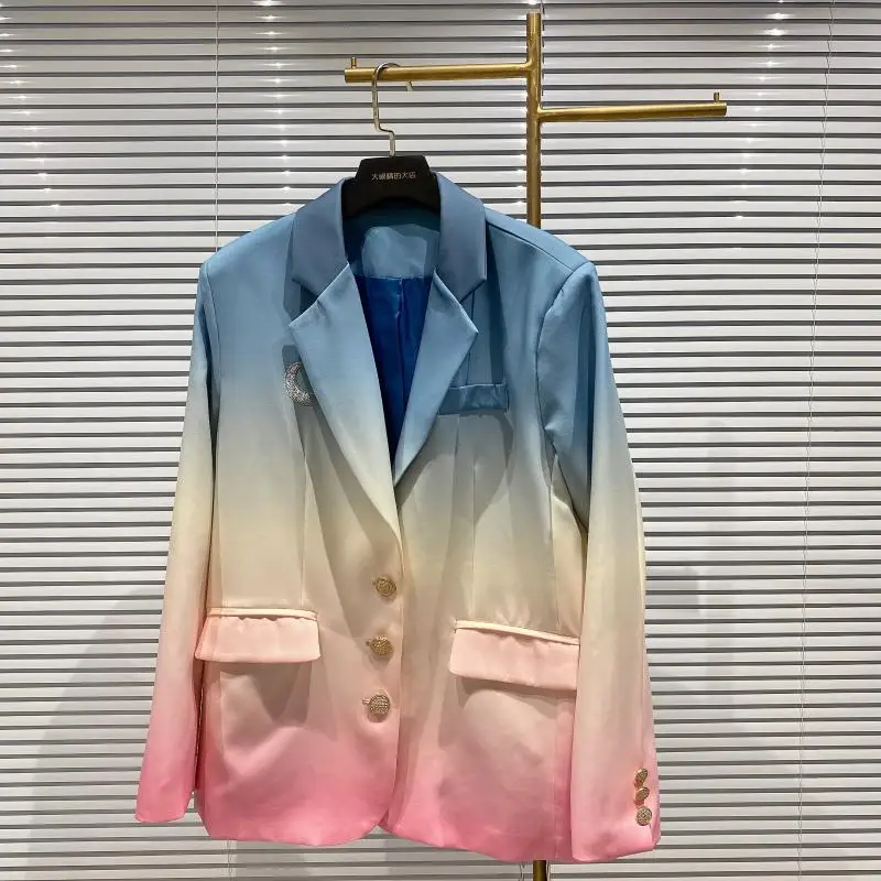 Spring Autumn Winter Long Sleeve Notched Collar Patchwork Color Single Breasted Loose Blazer Women Coat Suit Jacket Female