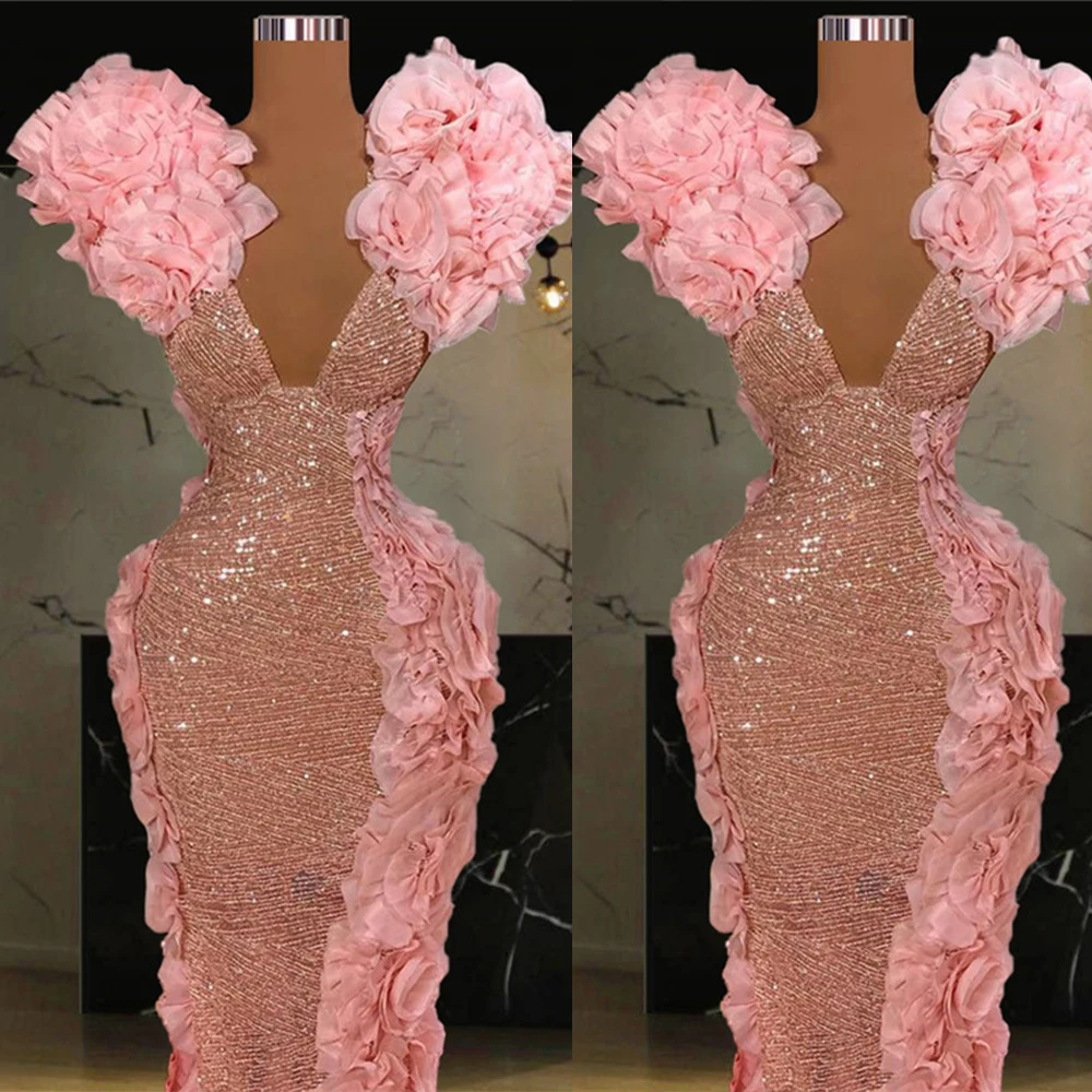 

2022 Arabic Plus Size Evening Dresses 3D Flower V Neck Sequined Sheath Prom Formal Party Second Reception Gowns