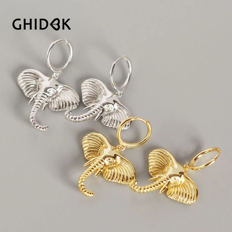 GHIDBK шикарные S925 Серебряные серьги-кольца с счастливым слоном эффектные очаровательные серьги с животными, серьги ручной работы, обручи, ювелирные изделия в стиле минимализма