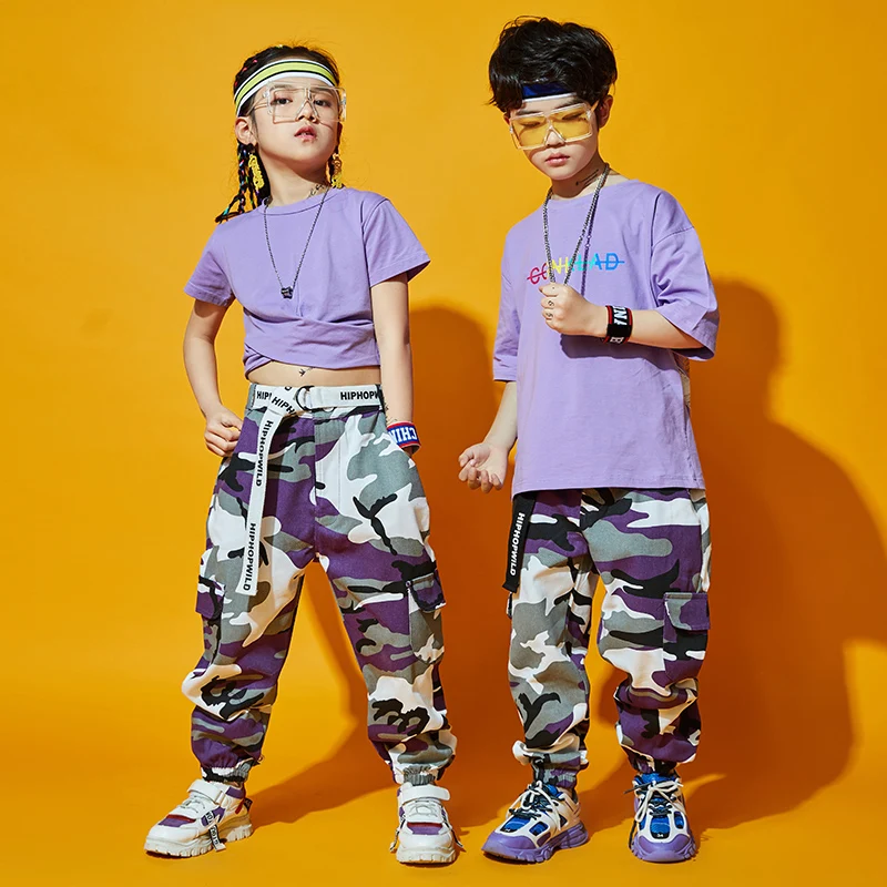 Orange/Grey/Purple Camouflage Hip Hop Pants For Kids Jazz Dance Costume Short Sleeve Tops Girls Boys Stage Show Clothing BL5953