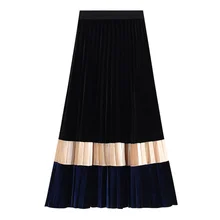 Женская юбка осень зима Высокая талия плиссированная юбка эластичная строчка цвет золотой бархат Длинная юбка для женщин