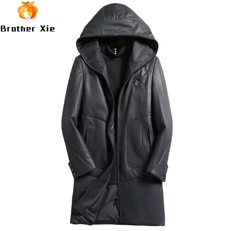 

Men's 100% Real Sheepskin Jackets Black Long Duck Down Jacket Winter Genuine Hooded Leather Coat for Male