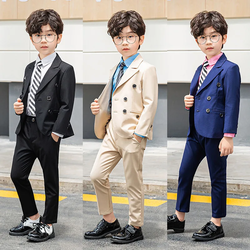 Children's Formal Suit Set Kids Piano Performance Wedding Party Costume Boy Handsome Double Breasted Blazer Shirts Pants Clothes